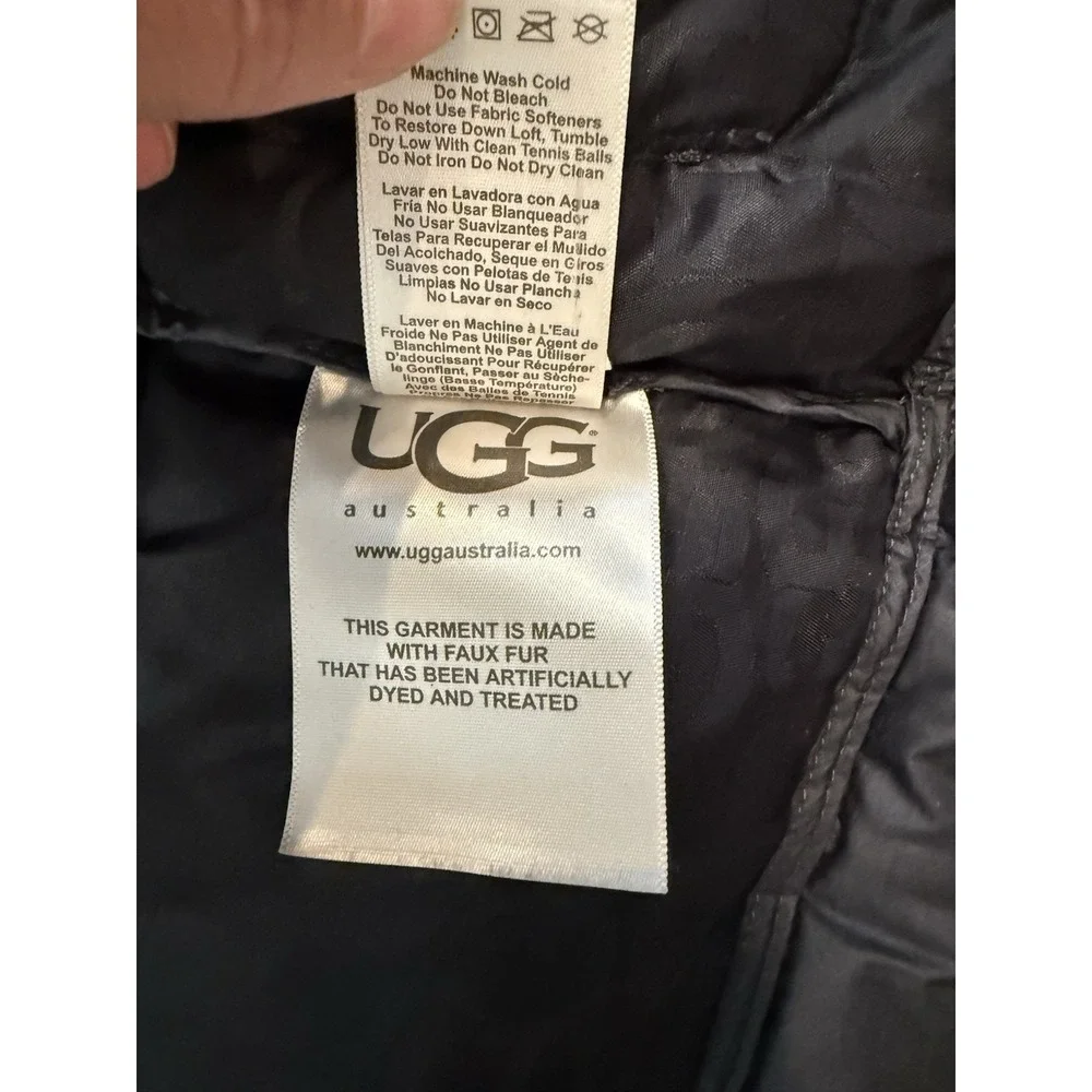 UGG Australia Women's M Gray Hooded Down Puffer Jacket Quilted Sherpa lined